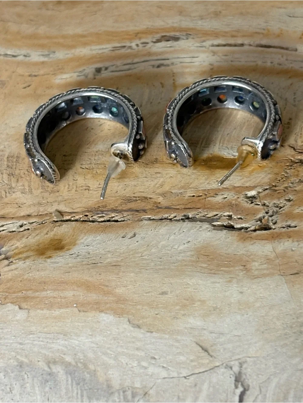 Sterling Silver Multicolor Natural Stone Inlay Hoop Earrings